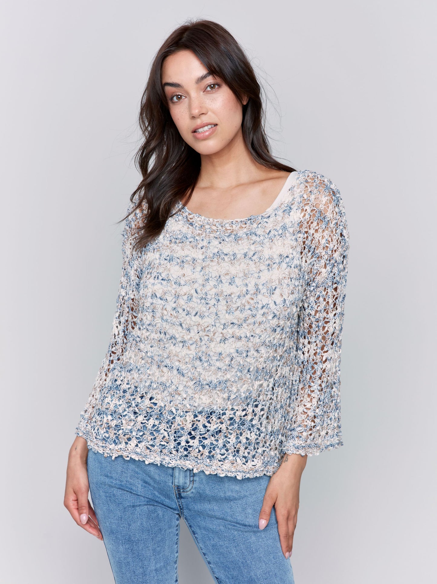 Space Dye Fancy Yarn Fishnet Sweater with Drop Shoulders -denim