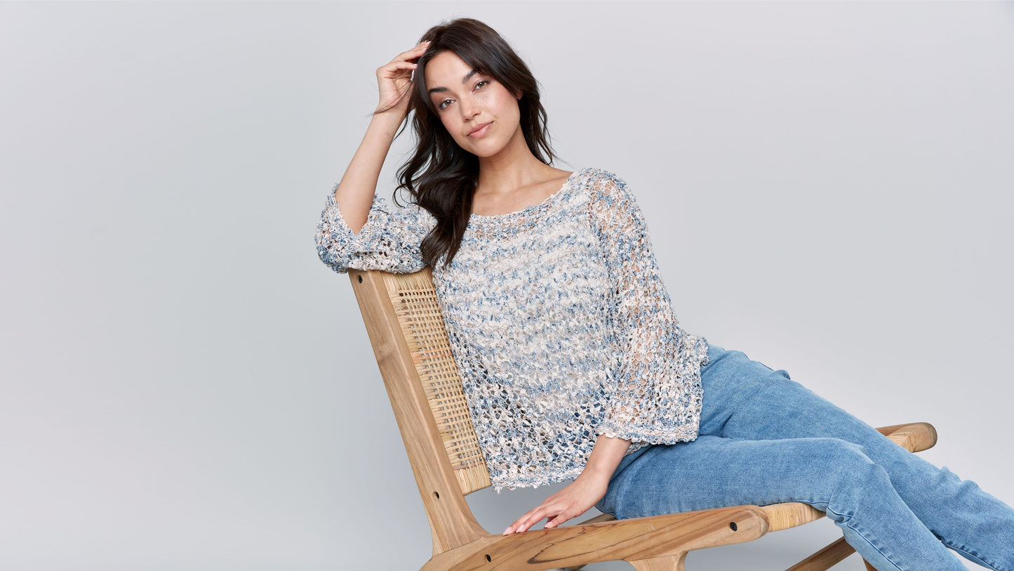 Space Dye Fancy Yarn Fishnet Sweater with Drop Shoulders -denim