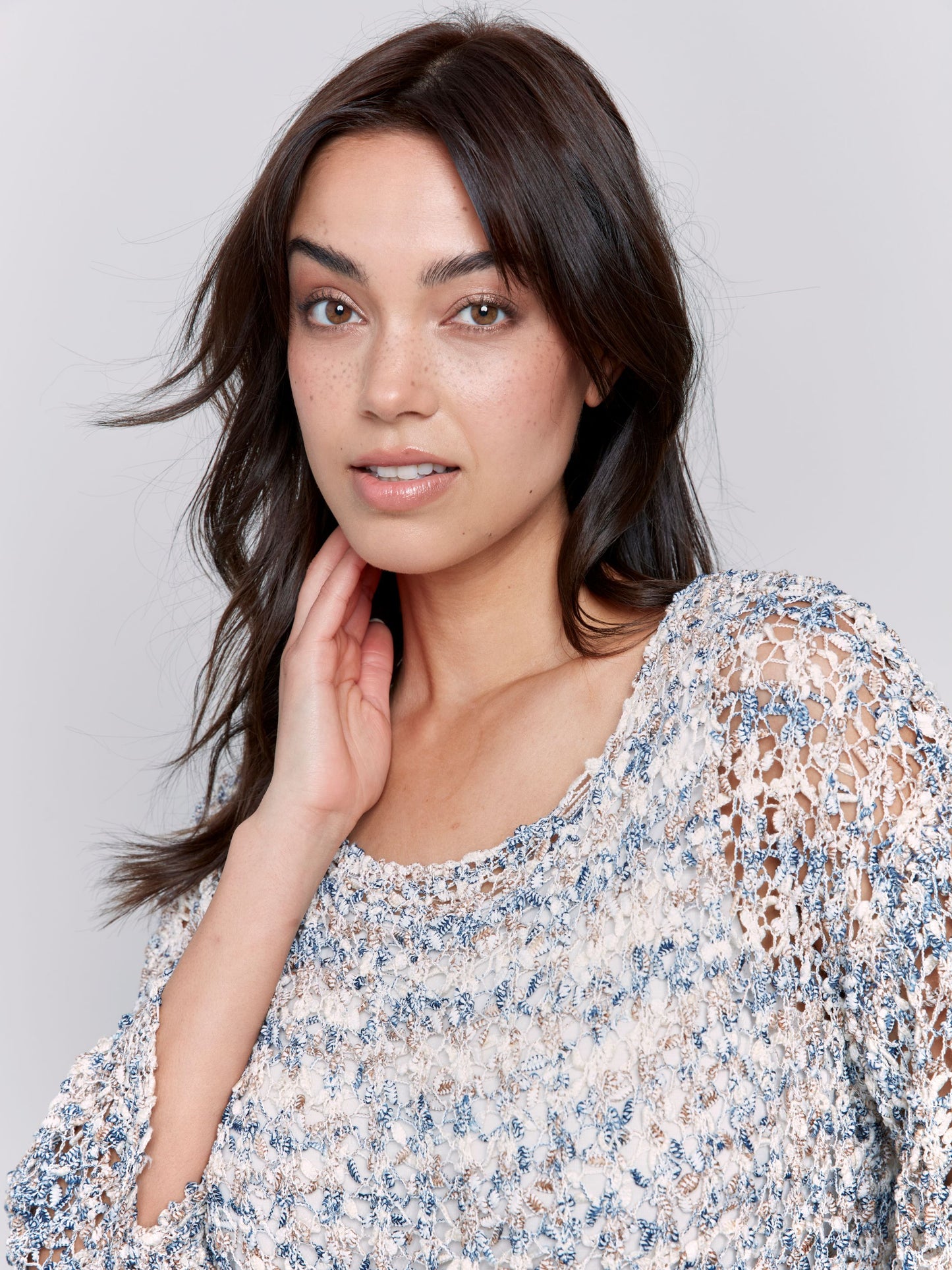 Space Dye Fancy Yarn Fishnet Sweater with Drop Shoulders -denim