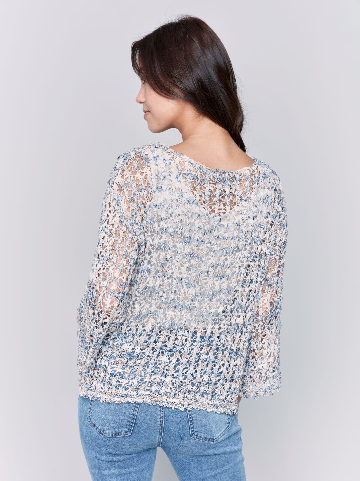 Space Dye Fancy Yarn Fishnet Sweater with Drop Shoulders -denim