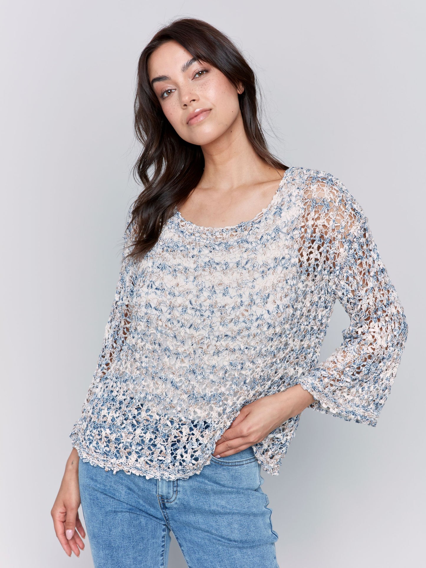 Space Dye Fancy Yarn Fishnet Sweater with Drop Shoulders -denim