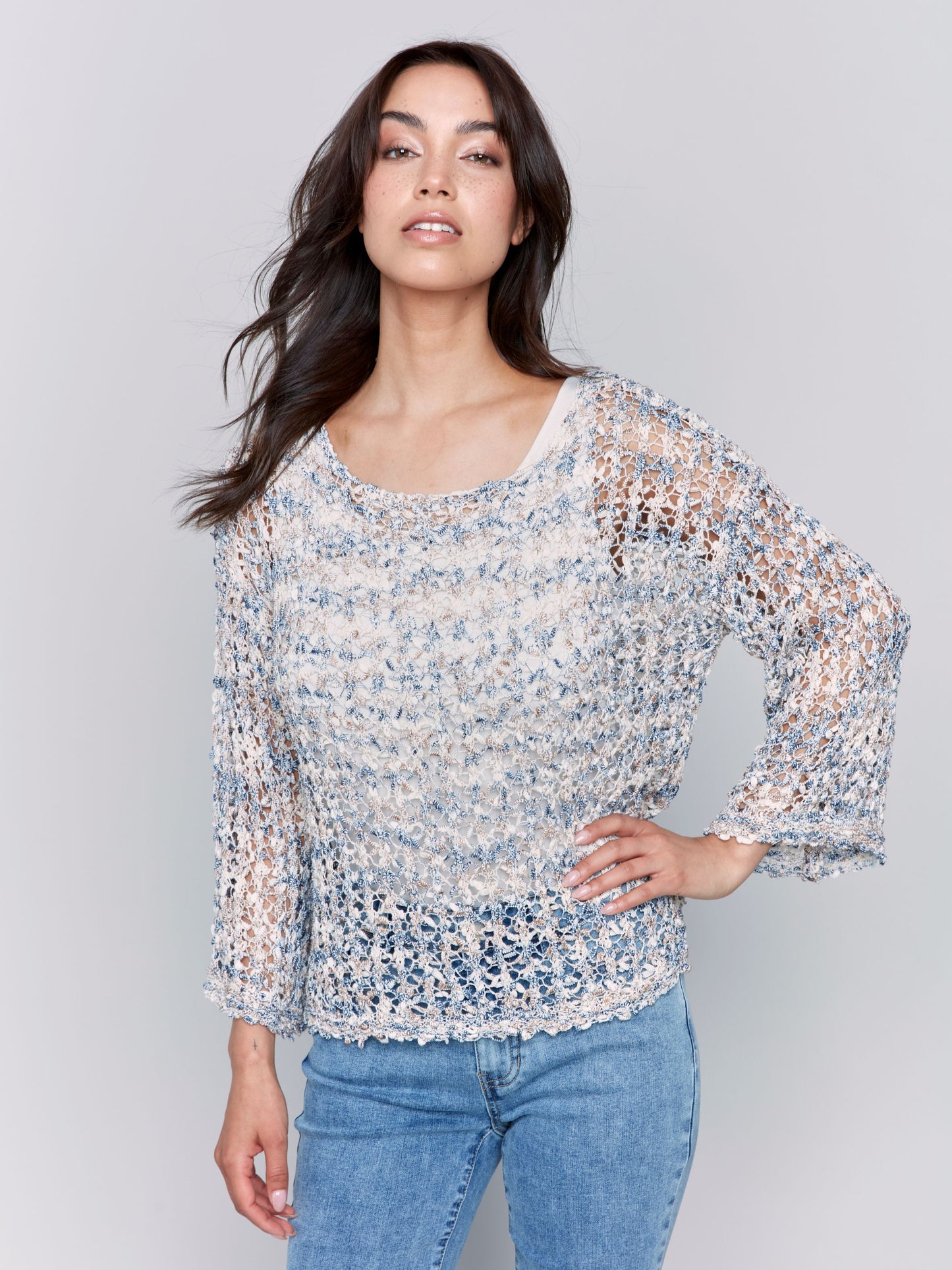 Space Dye Fancy Yarn Fishnet Sweater with Drop Shoulders -denim
