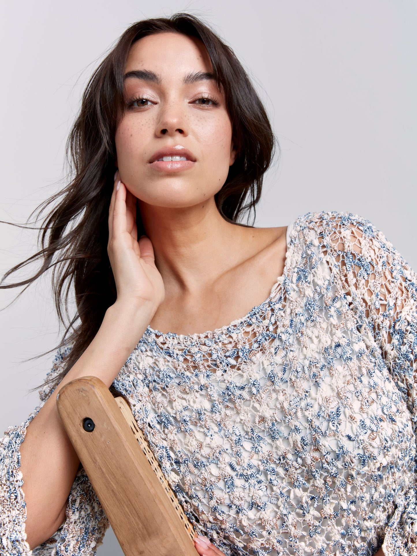 Space Dye Fancy Yarn Fishnet Sweater with Drop Shoulders -denim