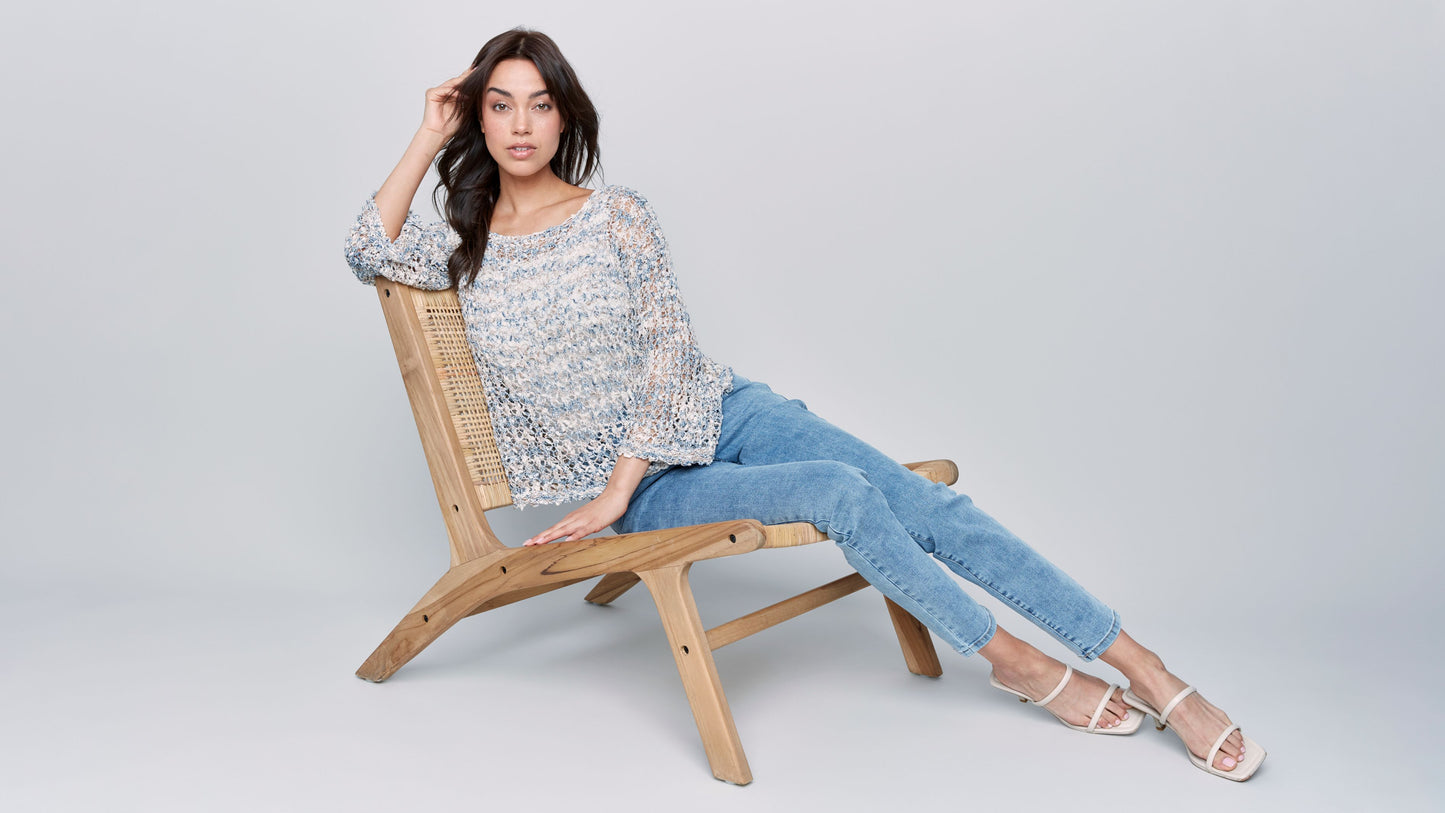 Space Dye Fancy Yarn Fishnet Sweater with Drop Shoulders -denim