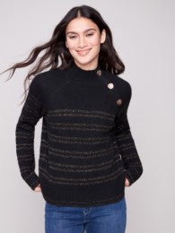 Metallic Striped Mock Neck Sweater With Button Details