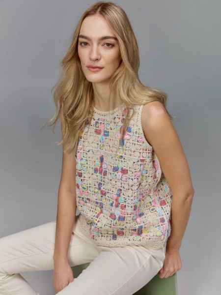 Sleeveless Crochet Crew Neck Top - Natural