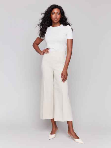 Cropped Side Zipper / Wide Leg Pants - Beige