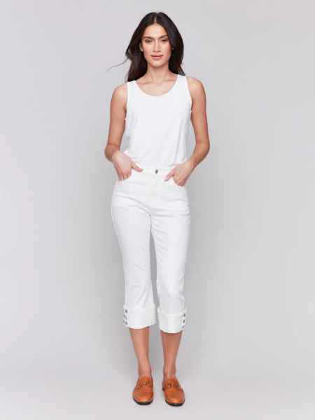 Cropped Twill Jeans with Snap Button Cuff Detail - White