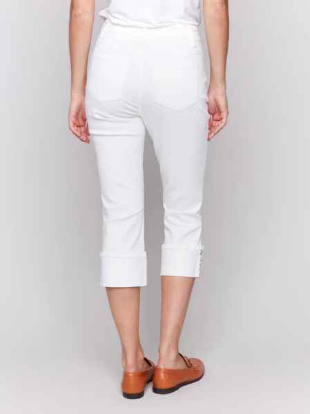Cropped Twill Jeans with Snap Button Cuff Detail - White