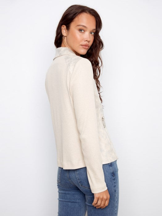 Faux Suede Mixed-Media Moto Jacket Pearl