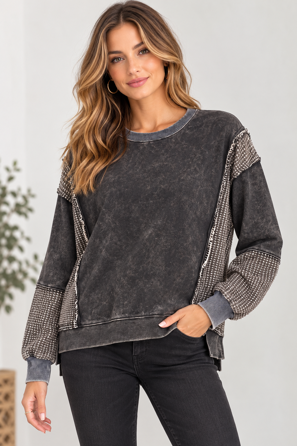 Washed Mixed Media Sweatshirt