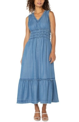 Smocked V Neck Fray Maxi Dress