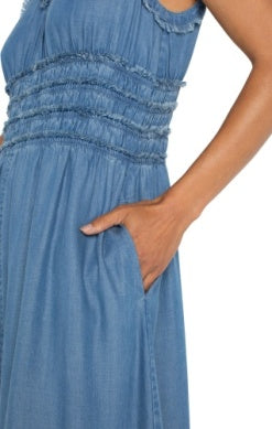 Smocked V Neck Fray Maxi Dress