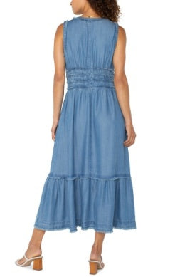 Smocked V Neck Fray Maxi Dress