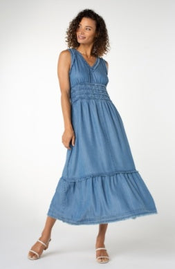 Smocked V Neck Fray Maxi Dress