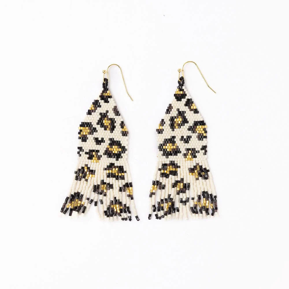 Delilah Cheetah Print Beaded Fringe Earrings Ivory, Black, + Gold