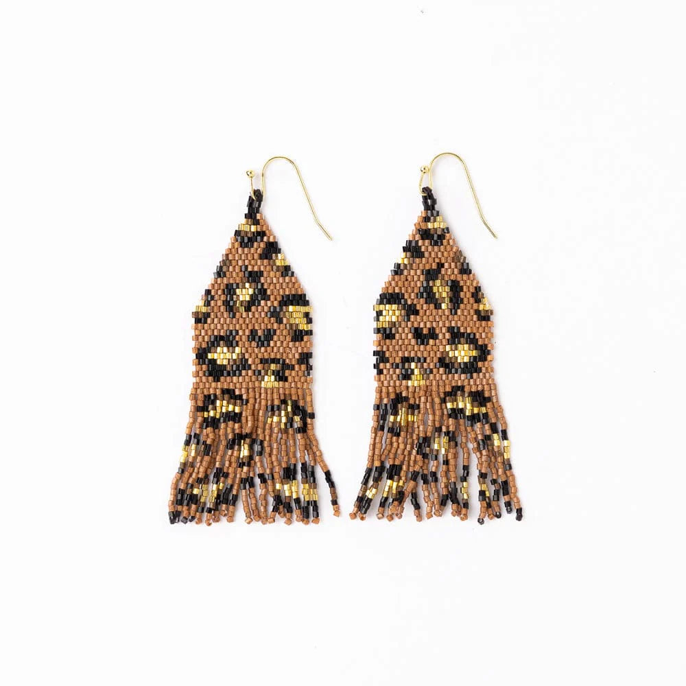 Delilah Cheetah Print Beaded Fringe Earrings Mocha, Black, + Gold