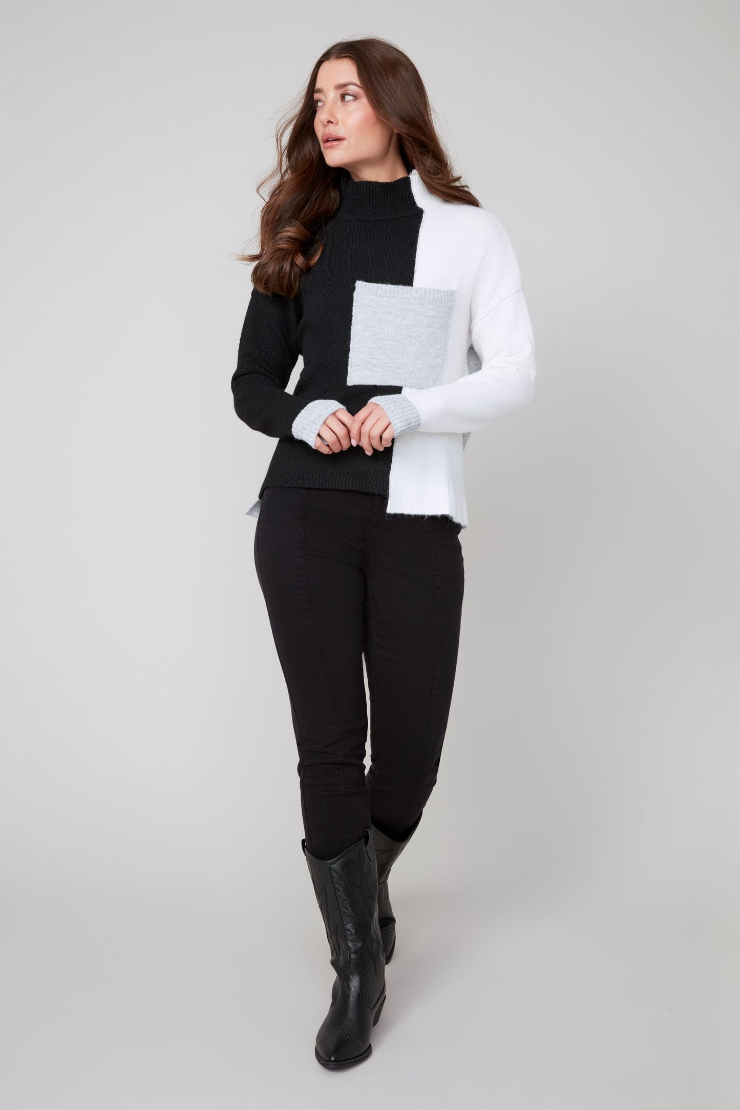 Colorblock Pocket Turtleneck Sweater Black Combo