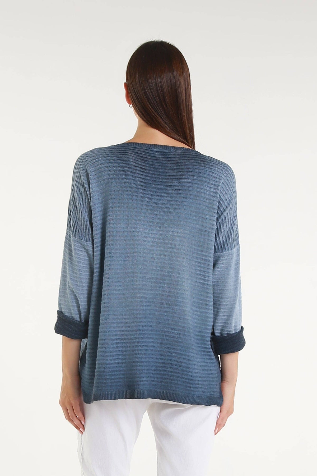 Emilia Metallic Accent Ribbed Knit Top Navy One Size
