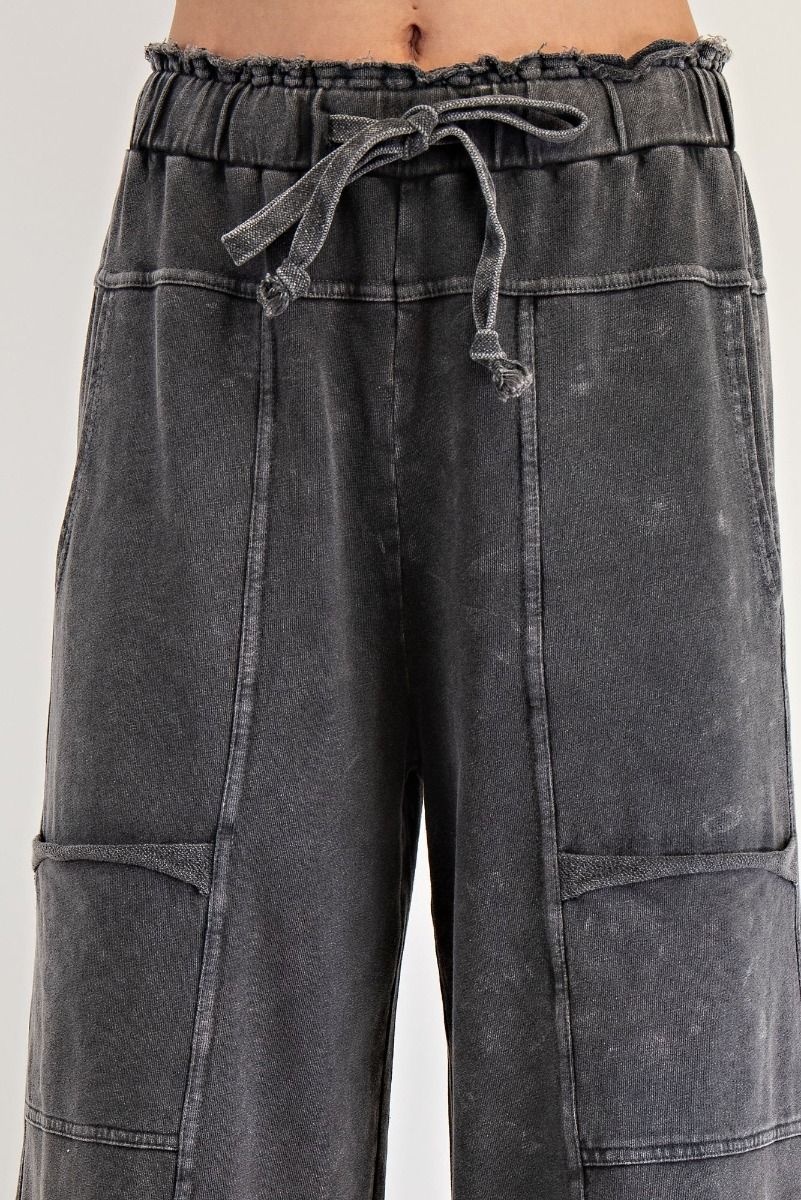 BLACK MINERAL WASHED TERRY KNIT PANTS