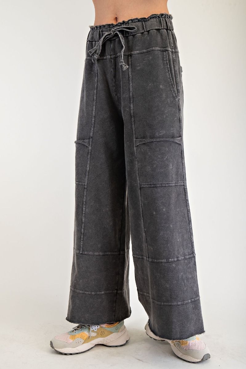 BLACK MINERAL WASHED TERRY KNIT PANTS