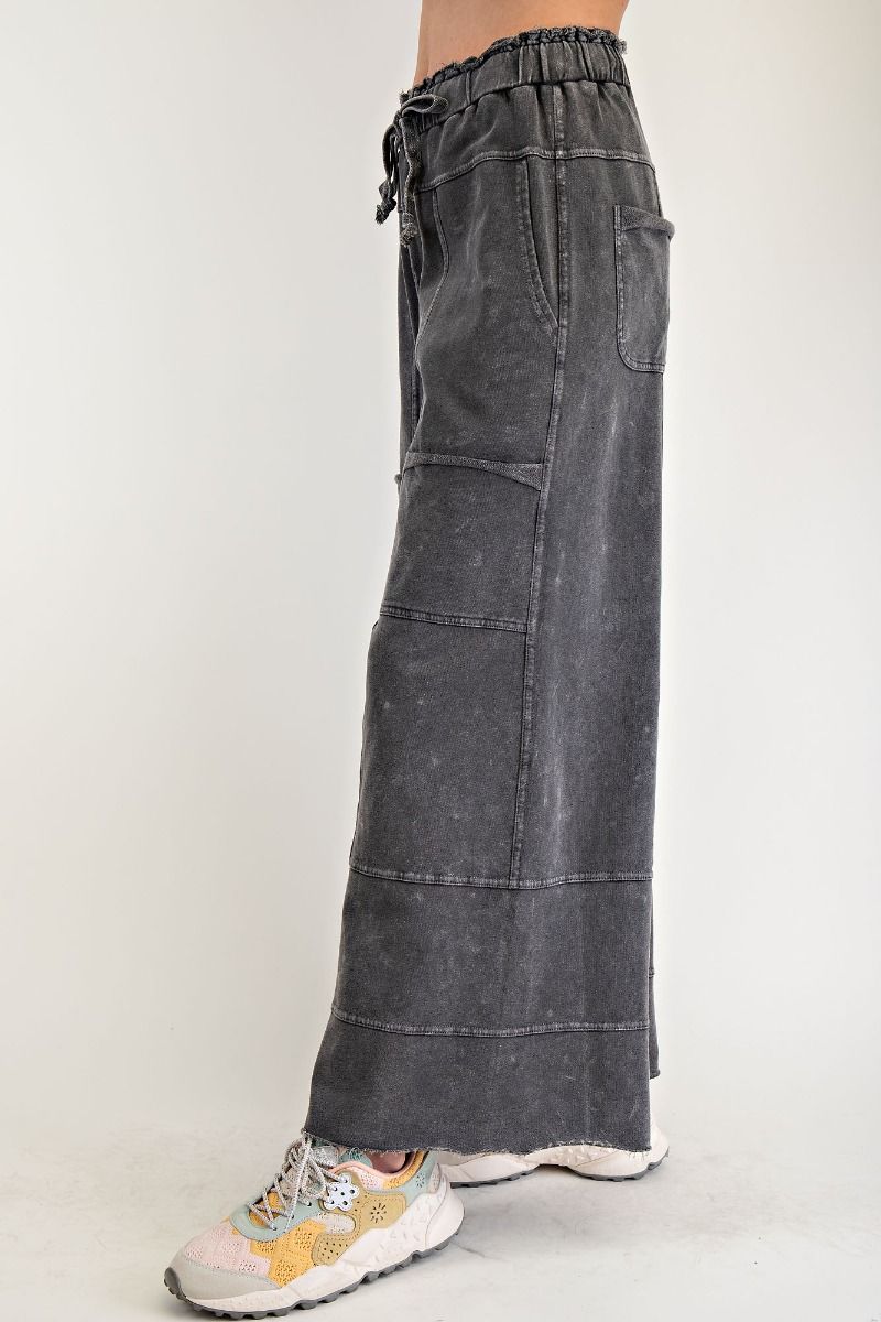 BLACK MINERAL WASHED TERRY KNIT PANTS