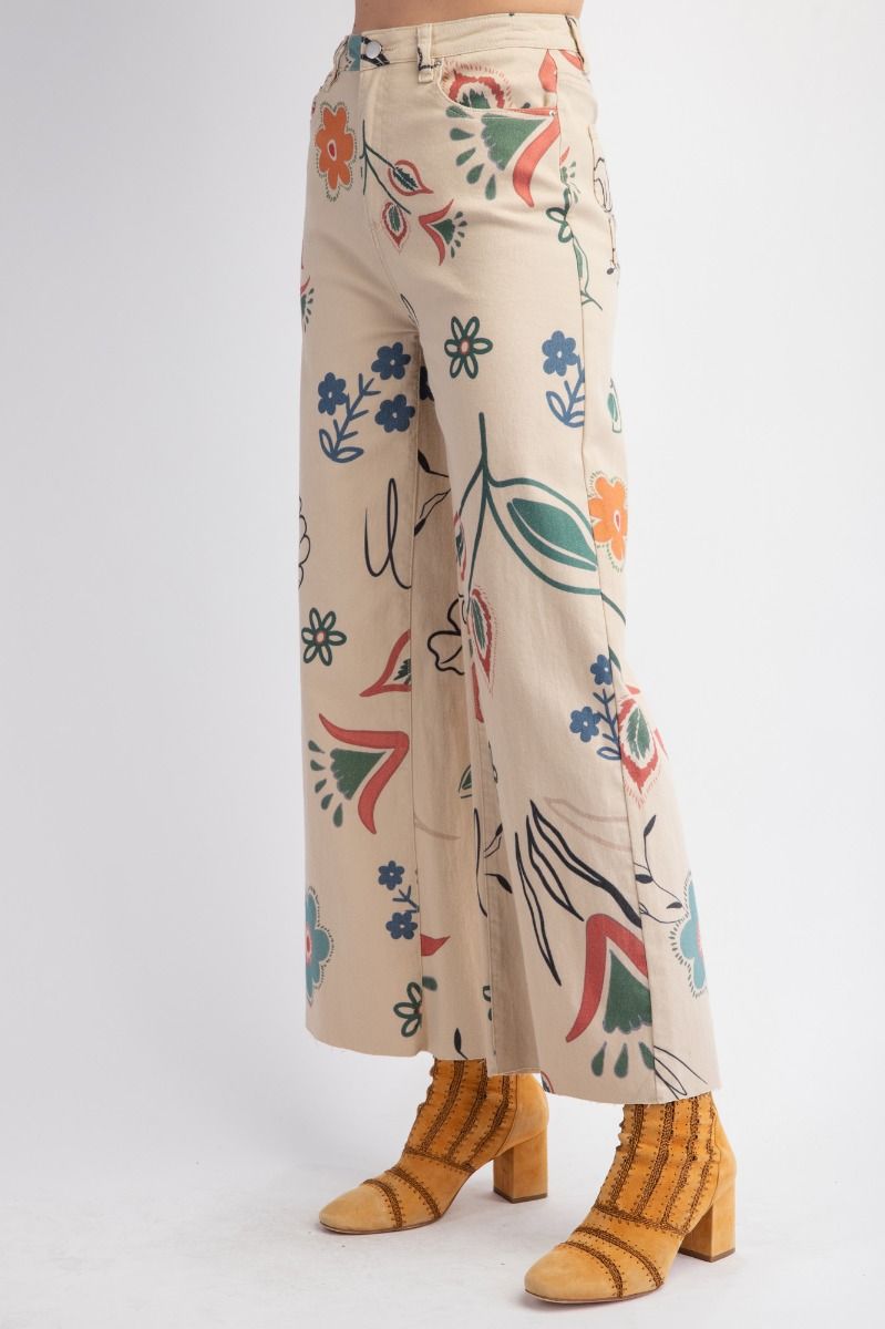 KHAKI PRINTED TWILL WIDE PANTS