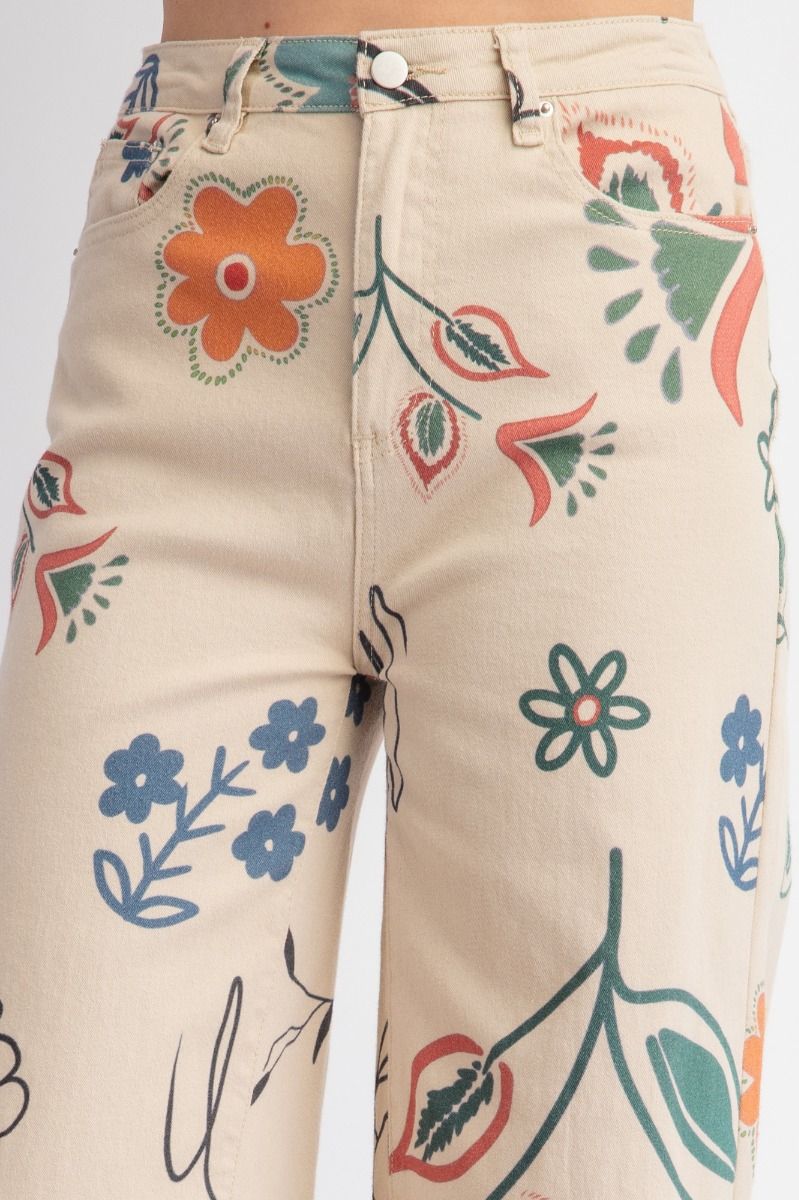 KHAKI PRINTED TWILL WIDE PANTS