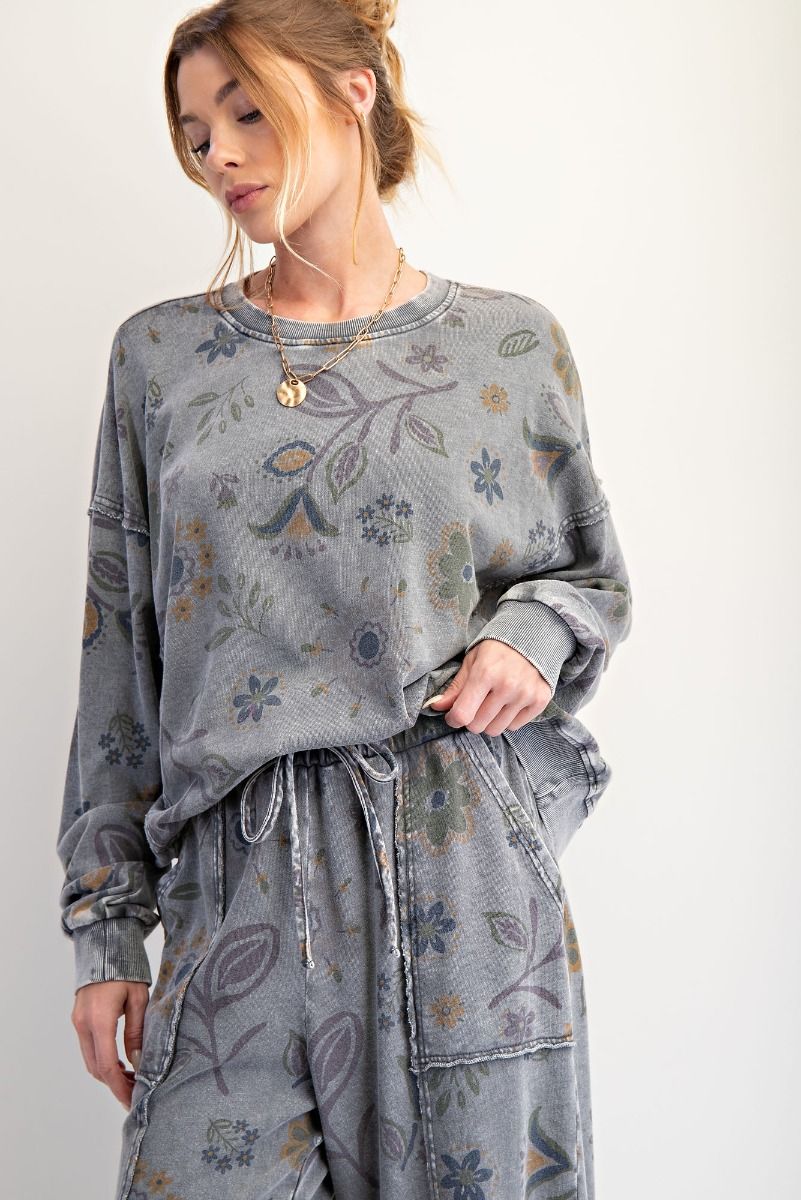 FLORAL PRINT WASHED TERRY PULLOVER