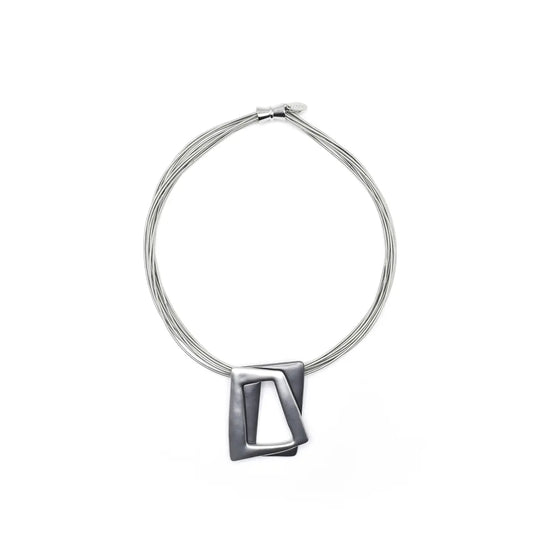 Multi Strand Silver Wire Necklace with Contemporary Rectangular Silver/Slate Double Pendant