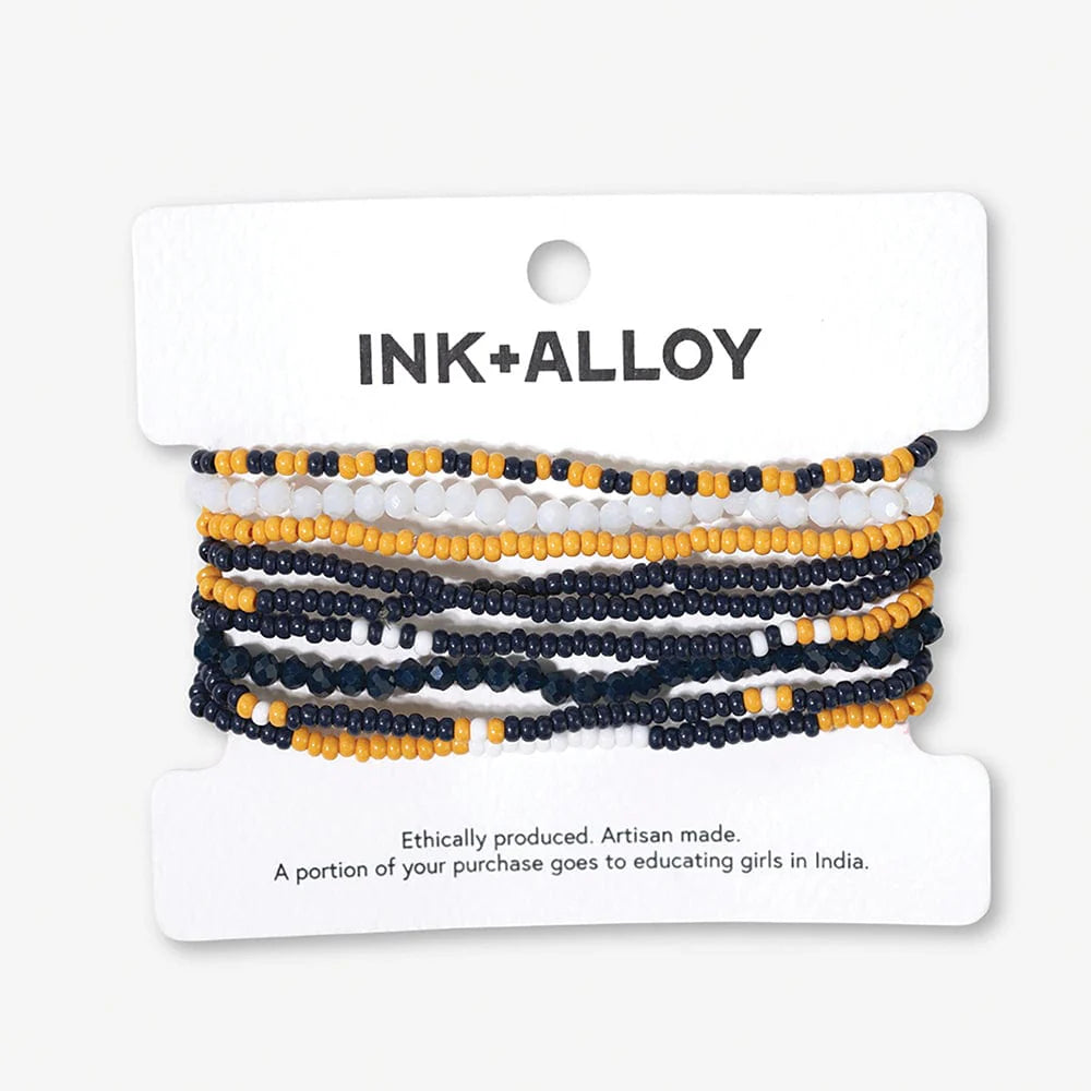Game Day Color Block Beaded 10 Strand Stretch Bracelets Navy + Yellow