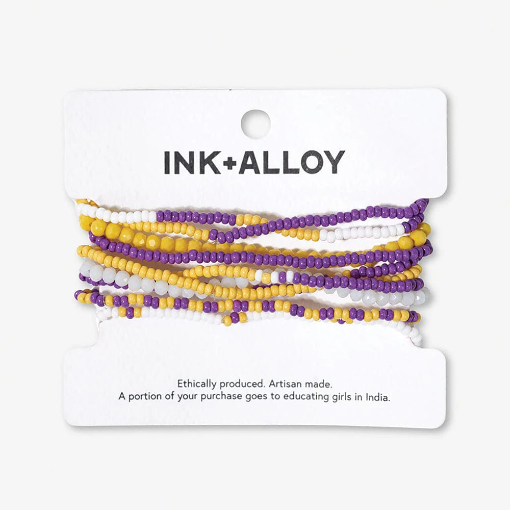 Game Day Color Block Beaded 10 Strand Stretch Bracelets Purple + Yellow