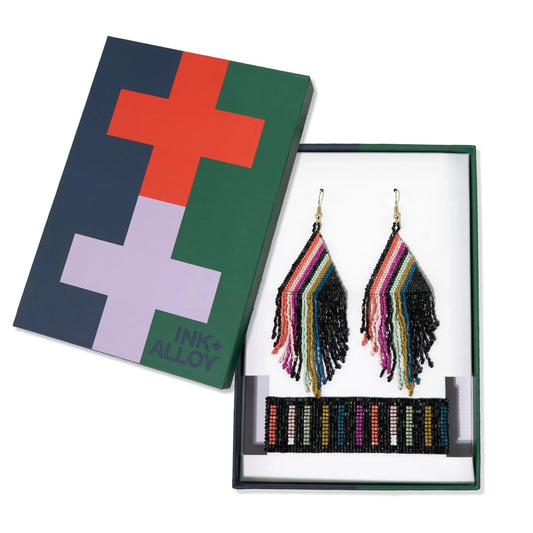 Haley + Kenzie vertical falling lines beaded earrings and bracelet set Rainbow/Black