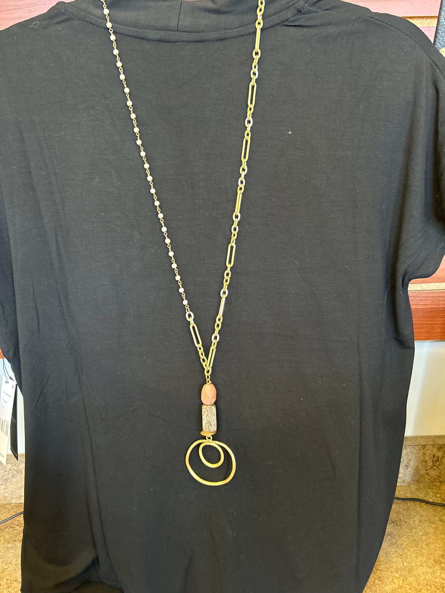 Triple Play Necklace Natural Stones & Circular Round Pendant