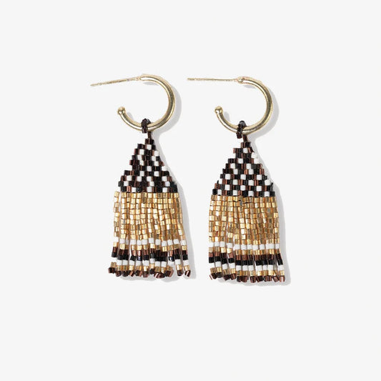 Leta Mini Gold Hoop Confetti Top And Stripe Short Fringe Earrings Black/White