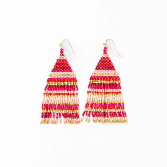 Lexie Horizontal Stripes Beaded Fringe Earrings Mixed Hot Pink