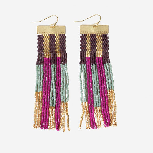 McKenzie Brass Bar Hanger Long Beaded Fringe Earrings Ember Gold and Mint