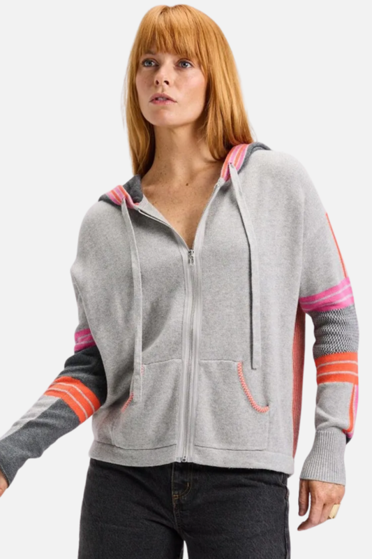 Light Grey Stripe Accent Zip Hoodie
