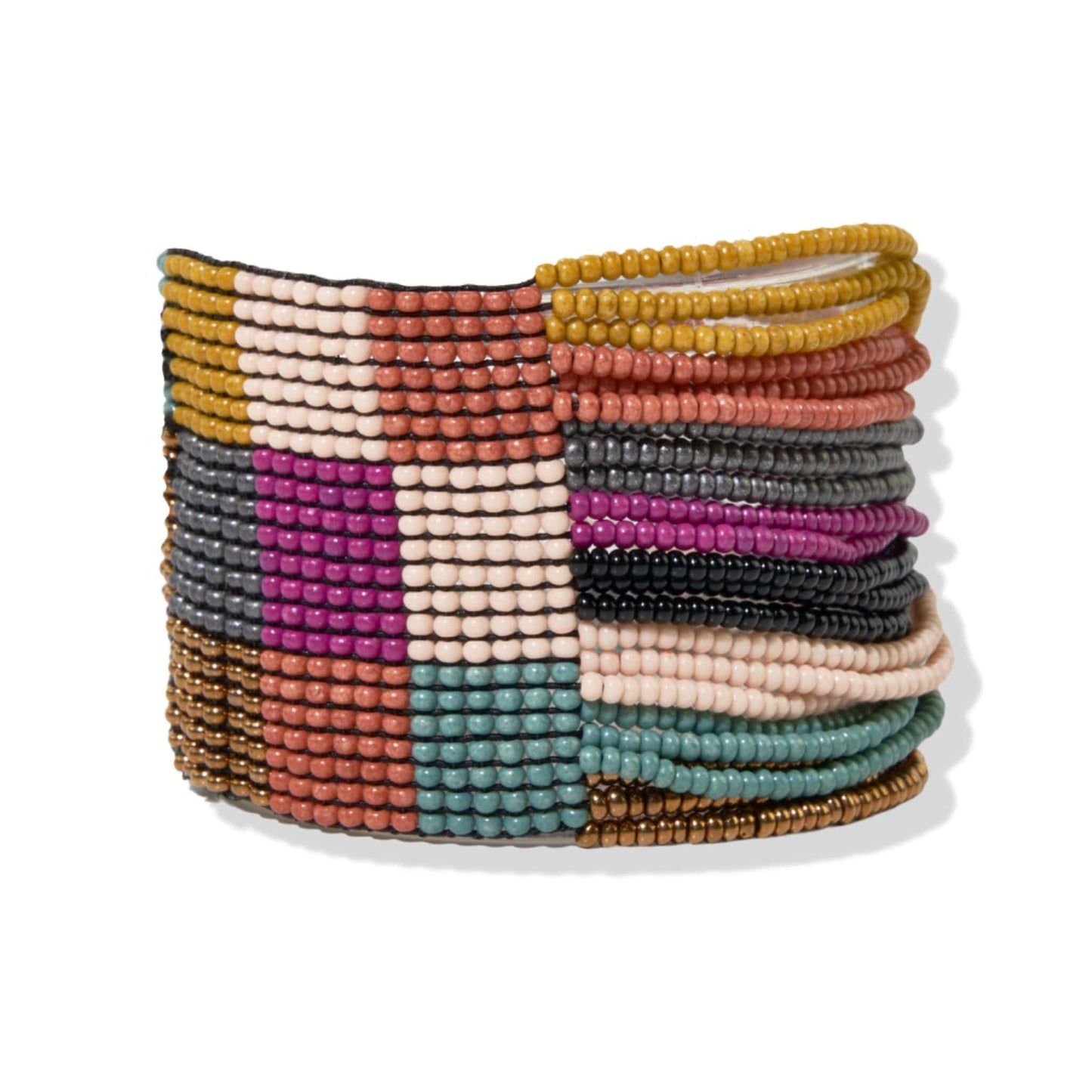 Olive Checkered Beaded Stretch Bracelet Muted Rainbow