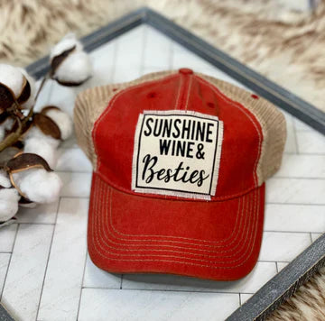 "Sunshine Wine & Besties" Distressed Trucker Cap