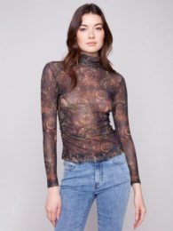 Printed Mesh Mock Neck Top