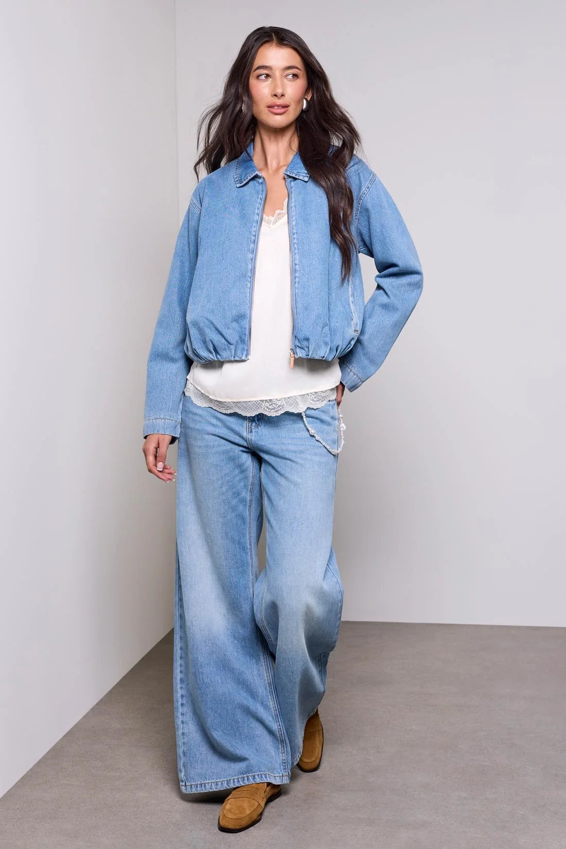 BLUE THREAD Bubble Hem Zip-Front Denim Jacket