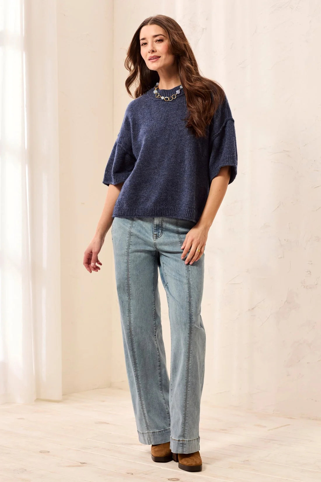 Lightweight Drop Shoulder Crew Neck Elbow Sleeve Sweater