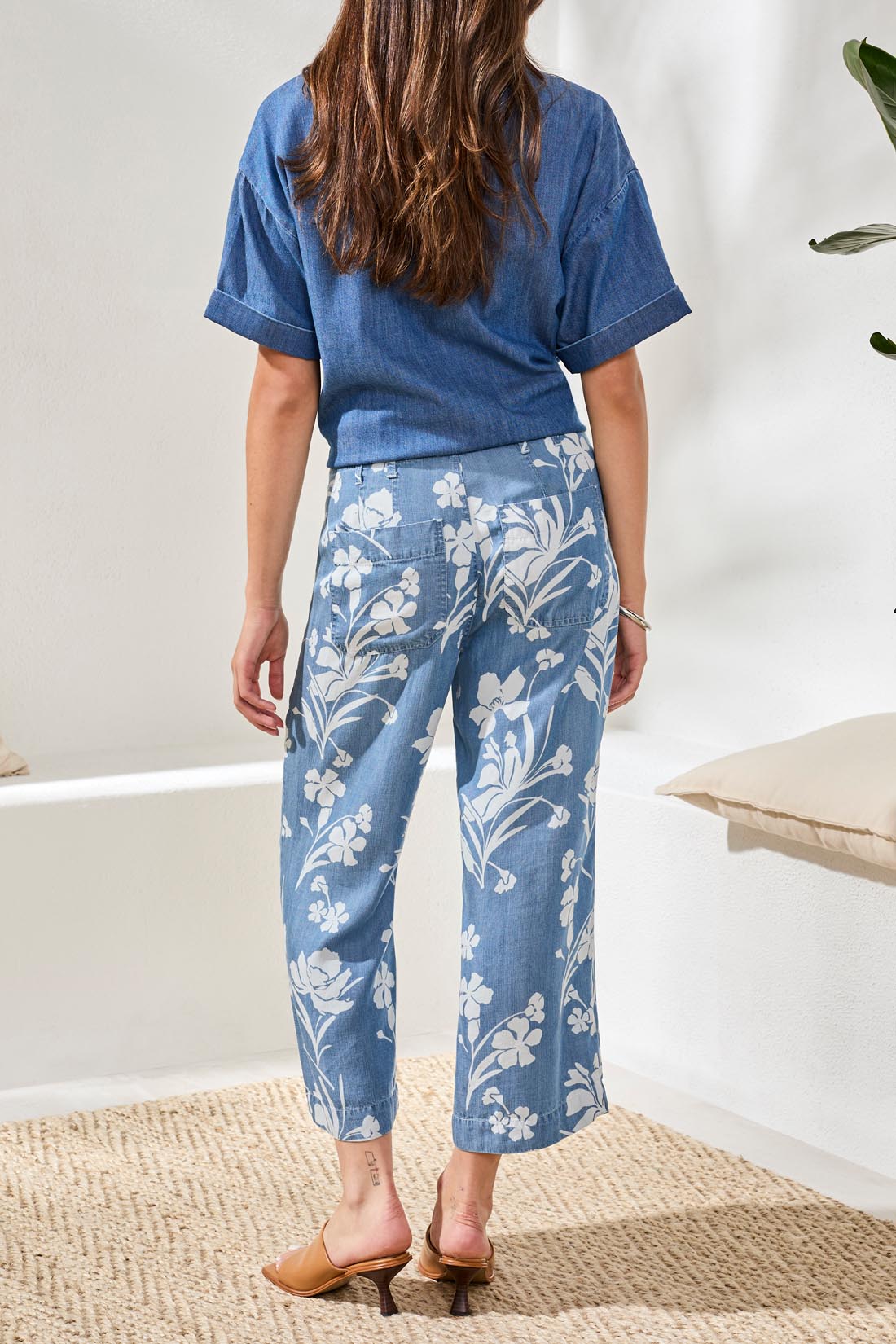 Drape Denim Printed Wide Leg Button At Waist Pants