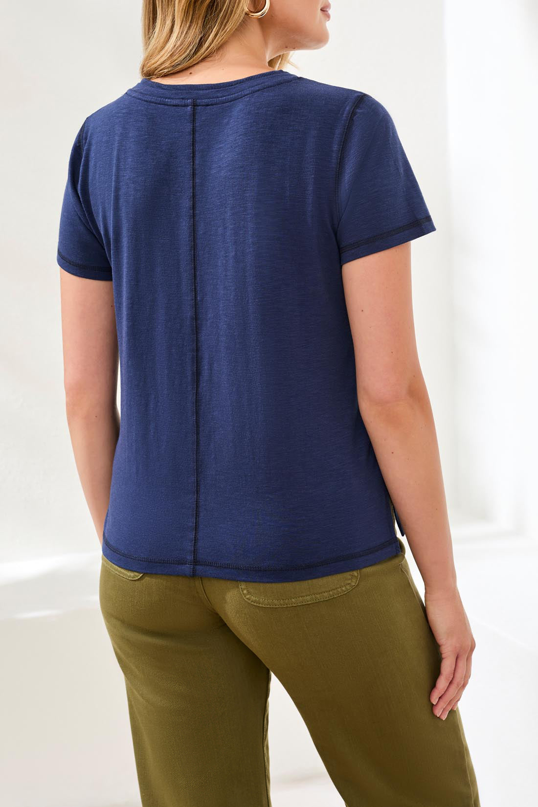 Slub Knit V-Neck Top With Double Trim Detail