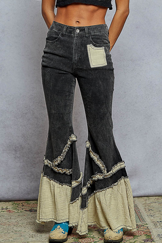Flared Black Denim with Ruffle