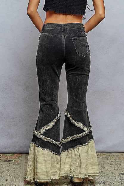 Flared Black Denim with Ruffle