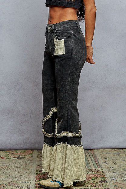Flared Black Denim with Ruffle