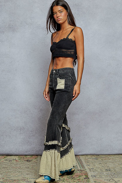 Flared Black Denim with Ruffle
