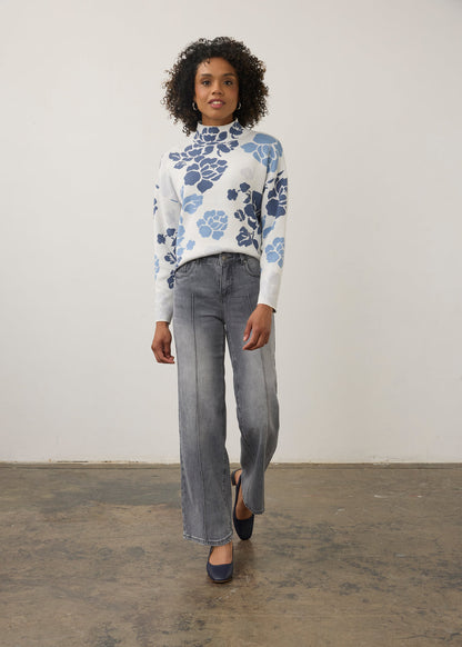 Mock Neck Loose Fit Sweater, Indigo Floral